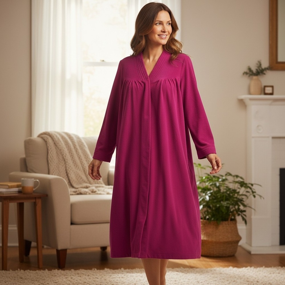 Vanity Fair Vintage Magenta Pink Fleece Snap Front‎ Robe Housecoat Made in USA L